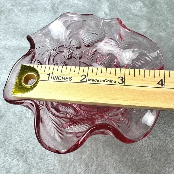 Fenton Ruby Pink Vintage Strawberry Pattern Pedestal Compote Ruffled Edge Glass - Picture 5 of 12